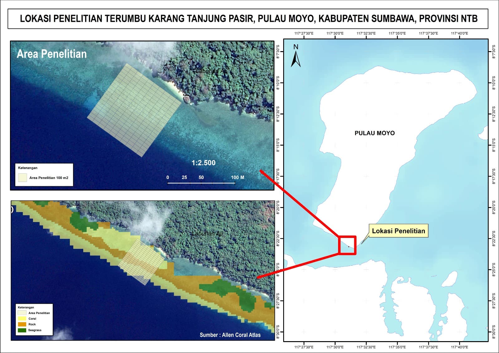 Peta Lokasi Penelitian Terumbu Karang Tanjung Pasir, Pulau Moyo, Kabupaten Sumbawa, Provinsi NTB